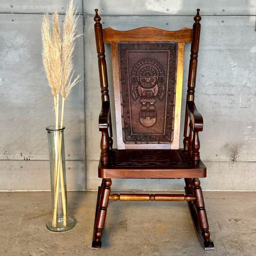✦ レトロ アンティーク調ロッキングチェア ✦ 木製×レザー 彫刻装飾ビンテージ