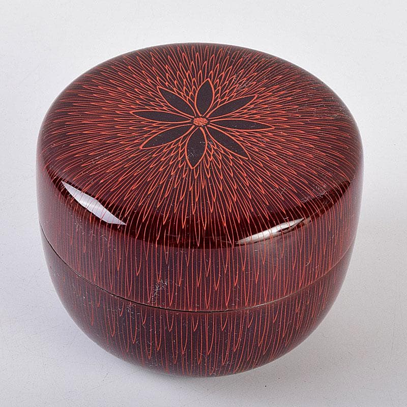 茶道具　中村湖彩作　朱菊毛彫　平棗　共布共箱　V　8641