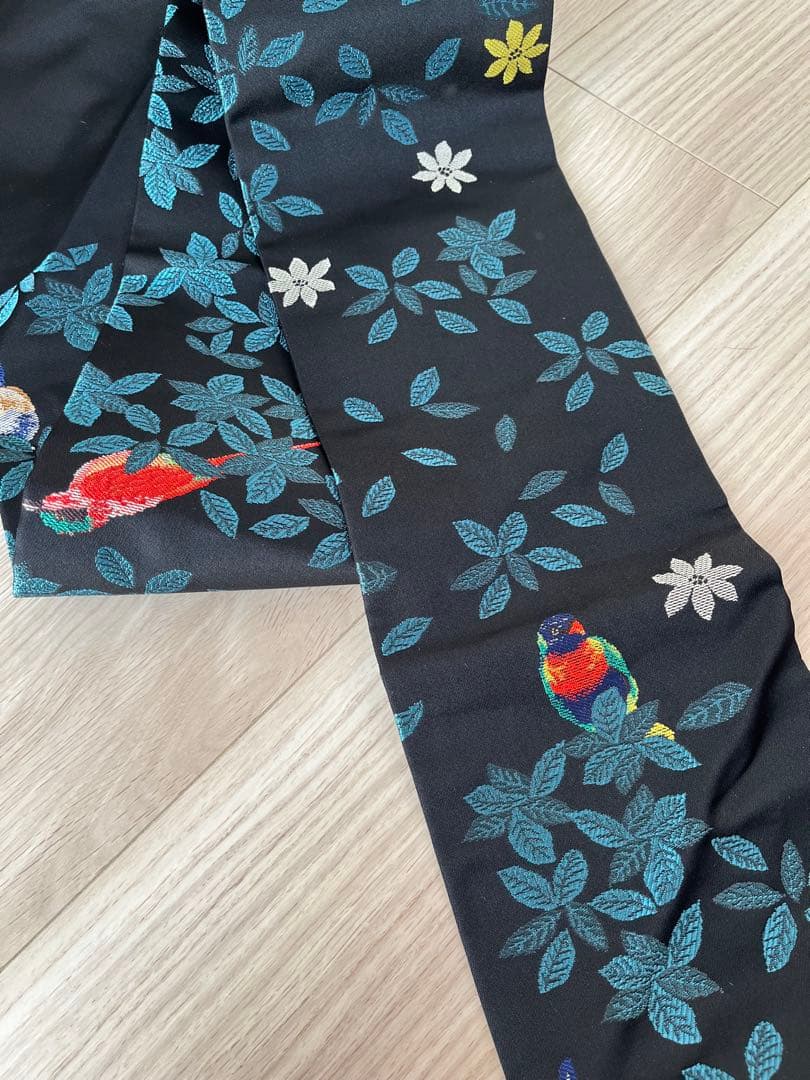 名古屋帯 鳥と花 黒