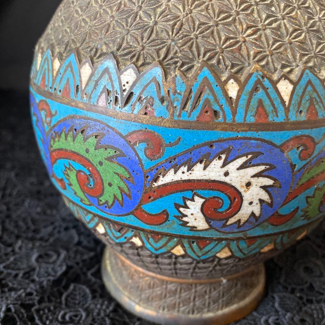 古銅七宝饕餮文耳付瓶/清朝時代-17世紀 銅製/七宝銅胎花器/中国古美術/骨董