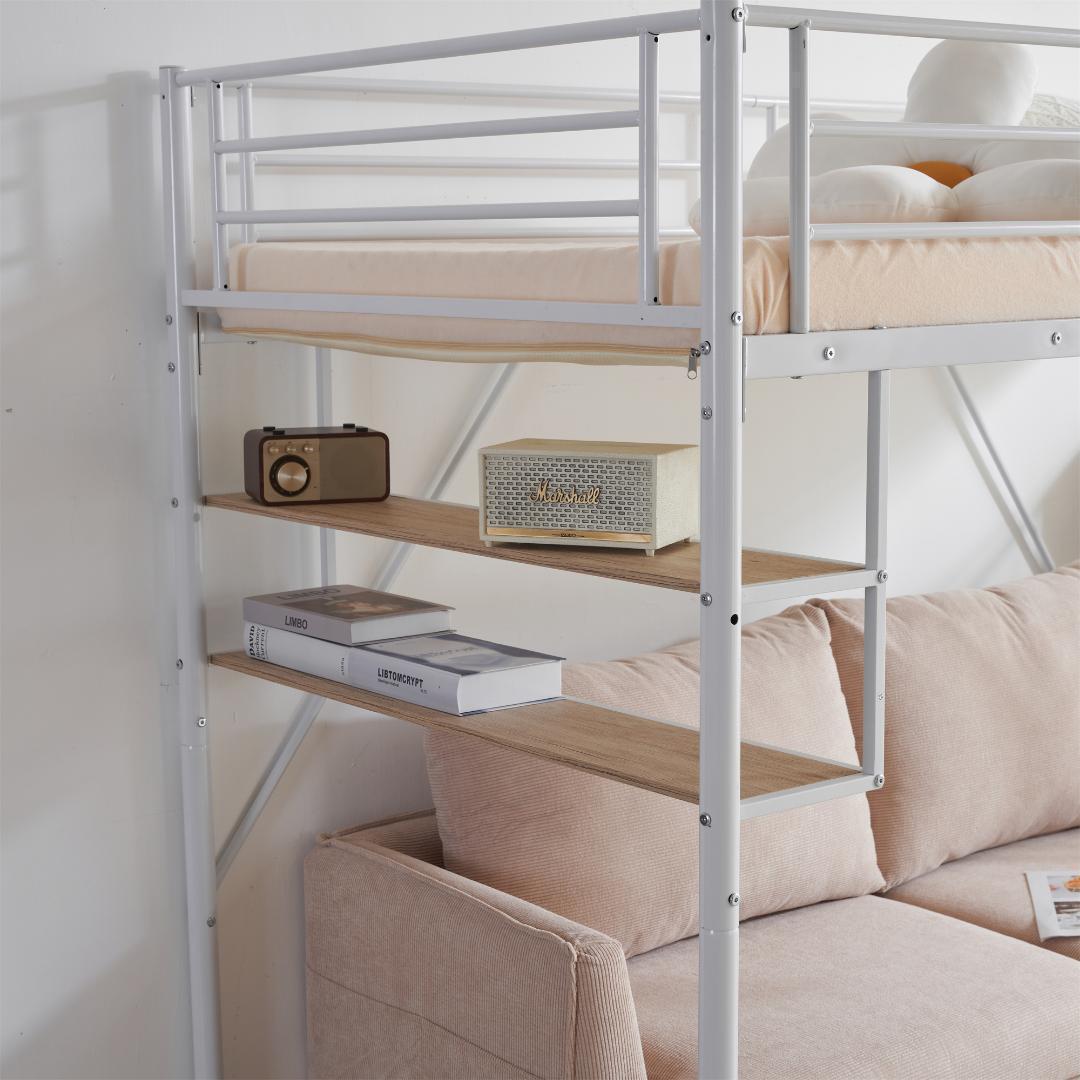 新作 ホワイト　ロフトベッド 片側手すり付き 収納付き パイプベッド