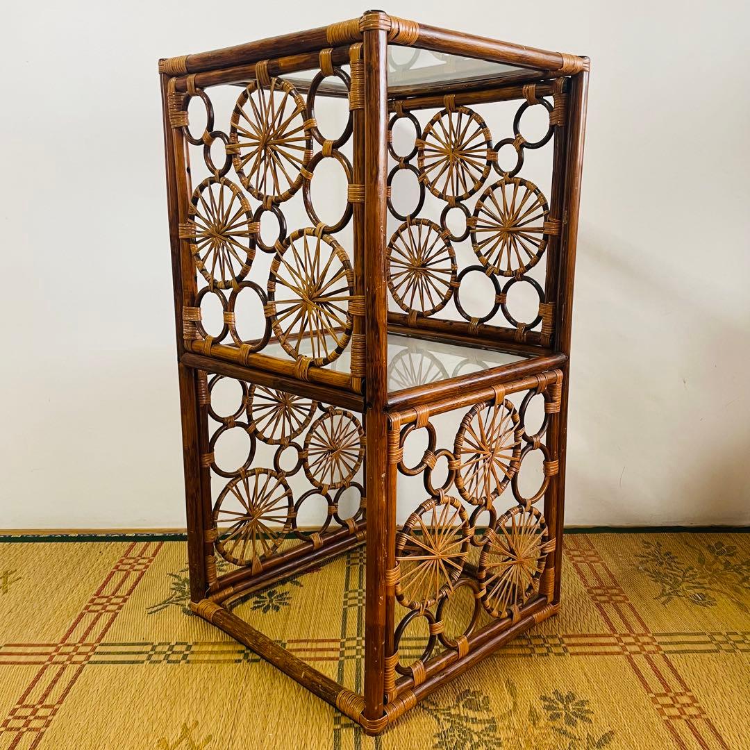 昭和レトロ ラタン 籐 ガラス 飾り棚 チェスト ヴィンテージ アンティーク