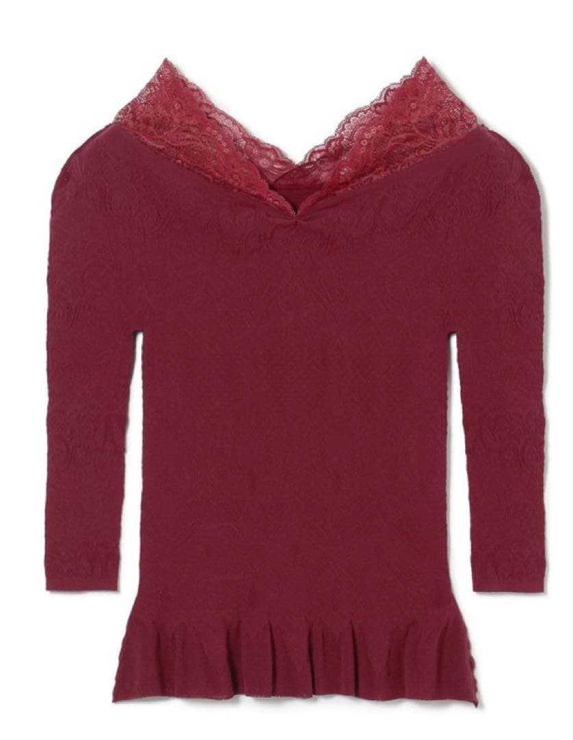 ノーソーイングニット　レースコンビペプラムニット　ワインレッド