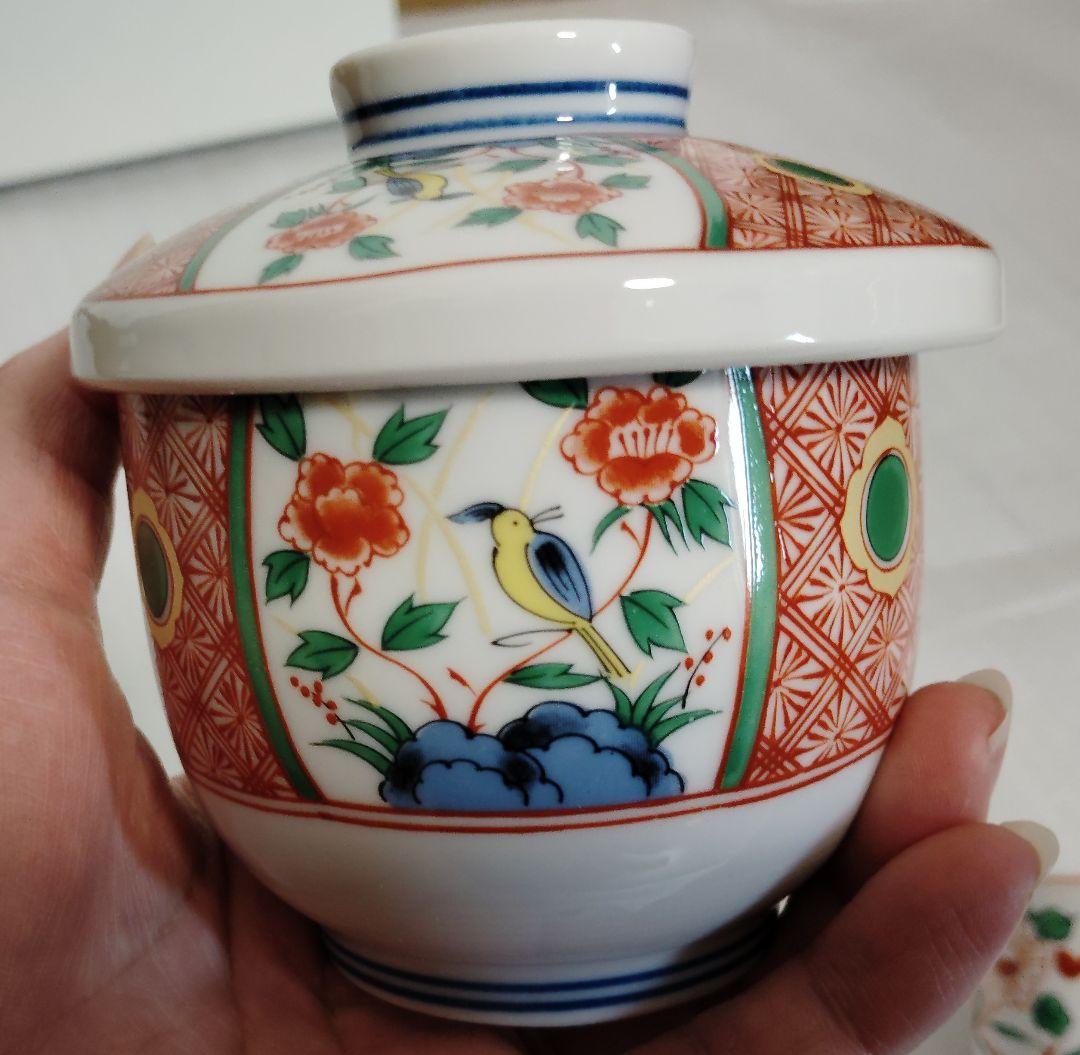 未使用　有田焼　南山窯　絵変わり　蓋付き碗揃　蒸し碗　　5客　茶碗蒸し　色絵