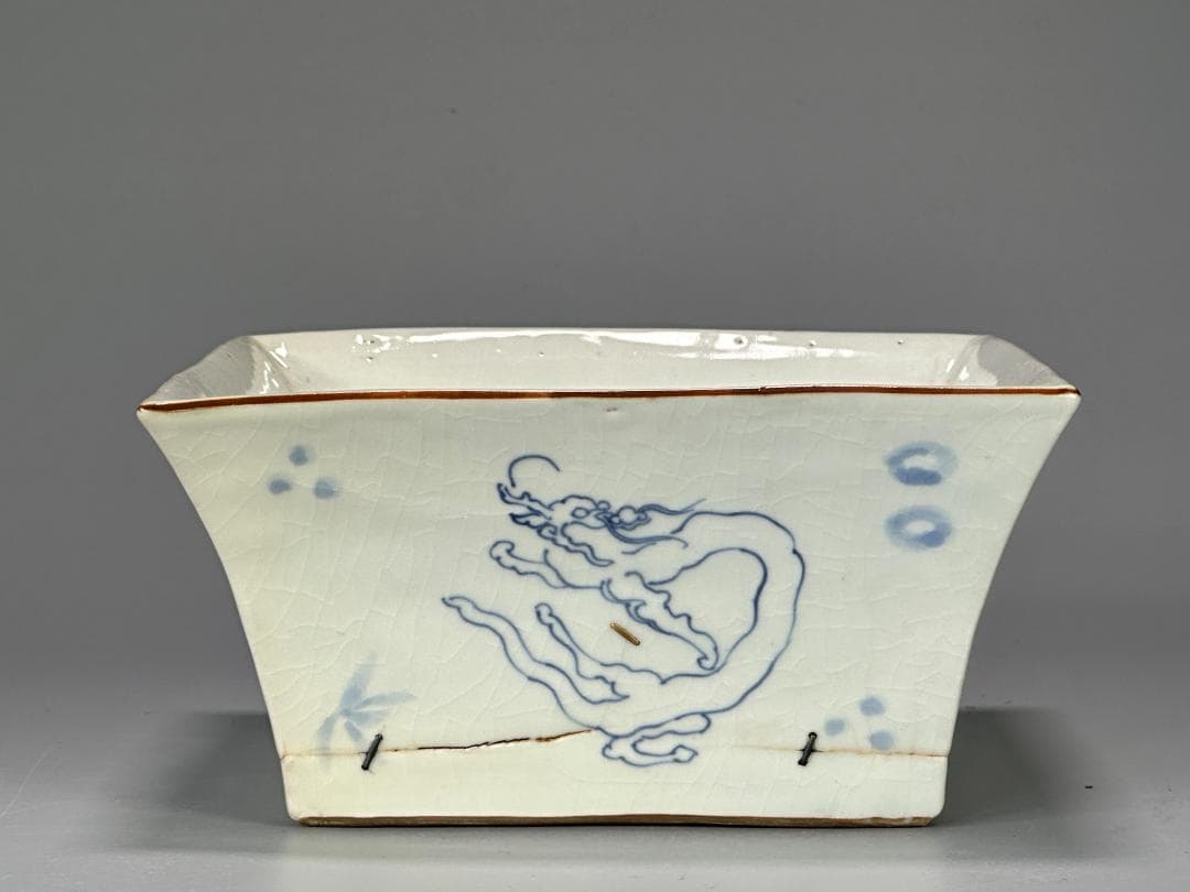 茶道具　白磁　青花龍文　方水指　茶器　大明嘉靖年製　時代供箱付　時代　古物保証