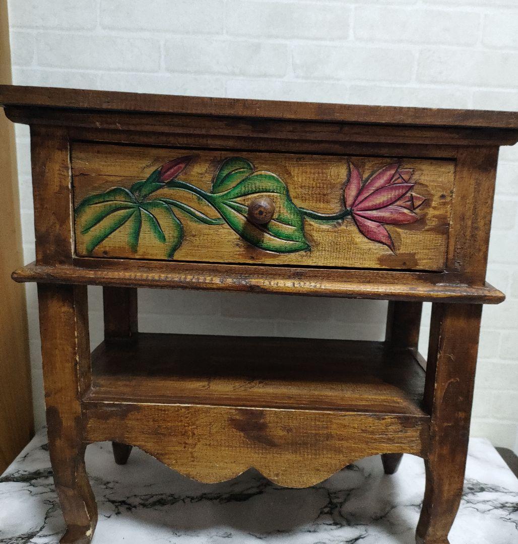 アジアン家具 バリ島 ロータス柄 木製 チェスト サイドテーブル 猫脚