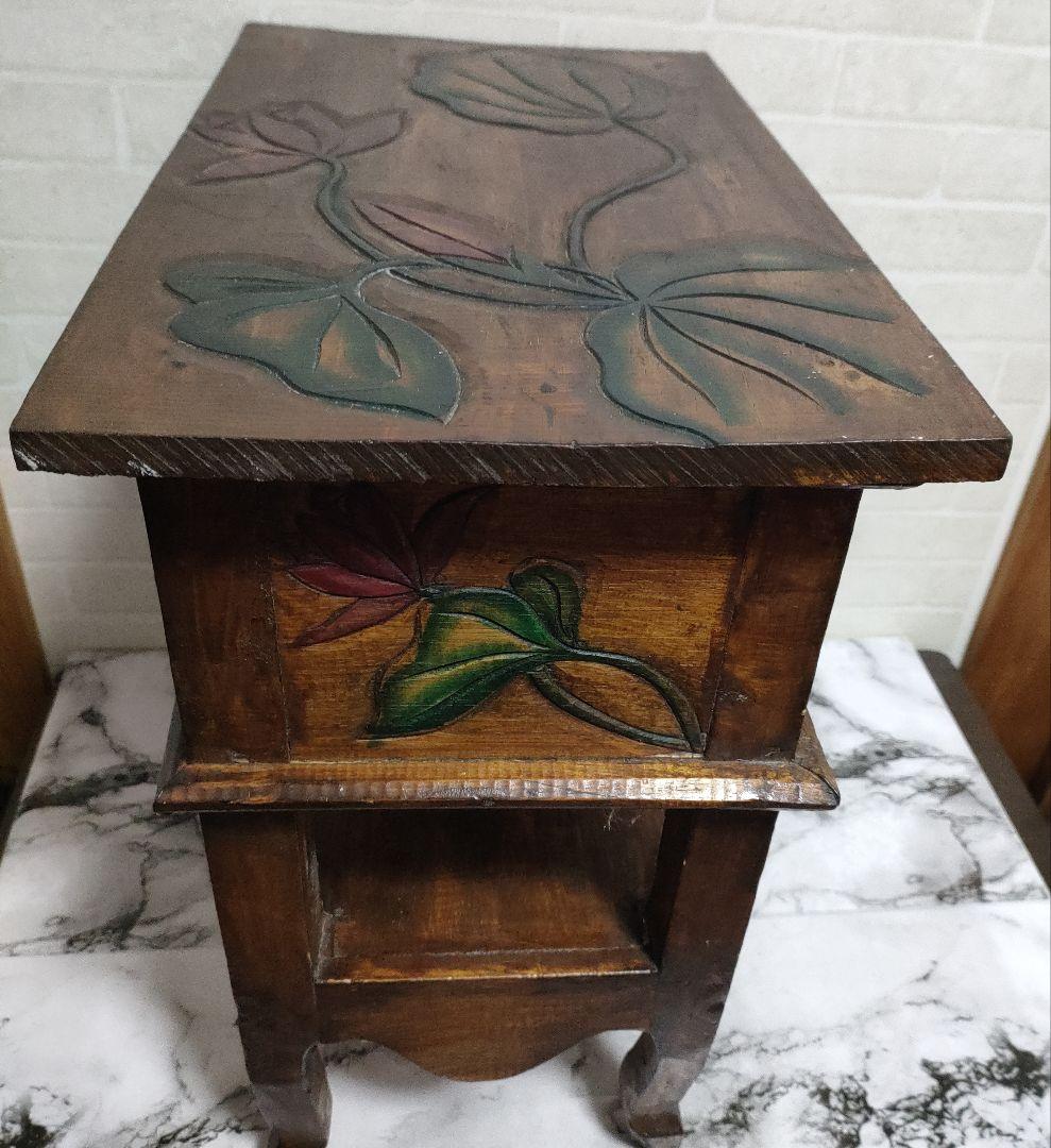 アジアン家具 バリ島 ロータス柄 木製 チェスト サイドテーブル 猫脚