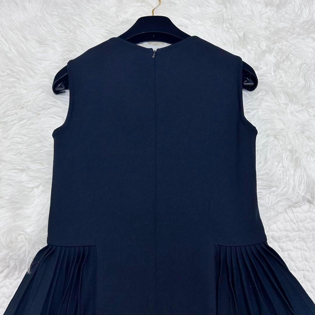 美品♡FOXEY サイドプリーツニットワンピース　フレア　38 ダークネイビー