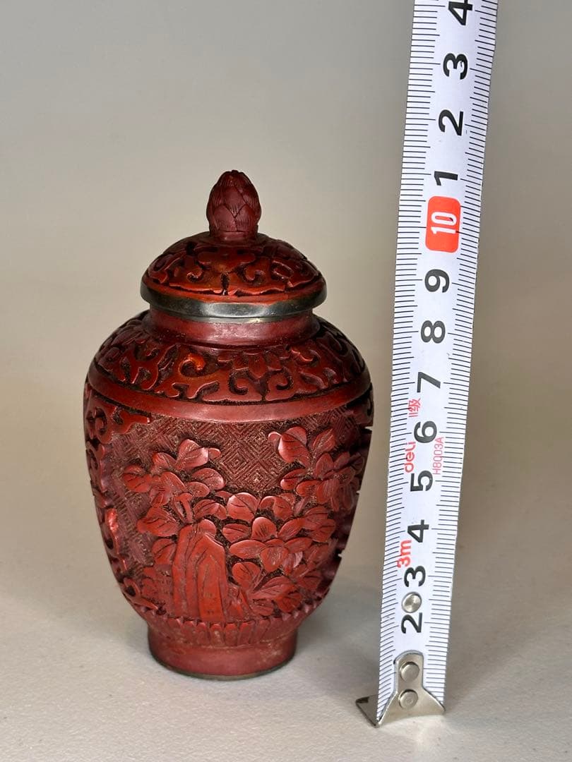 民国時代 剔紅 堆朱 壺 茶入 蓋付 彫漆文 時代物 中国古美術