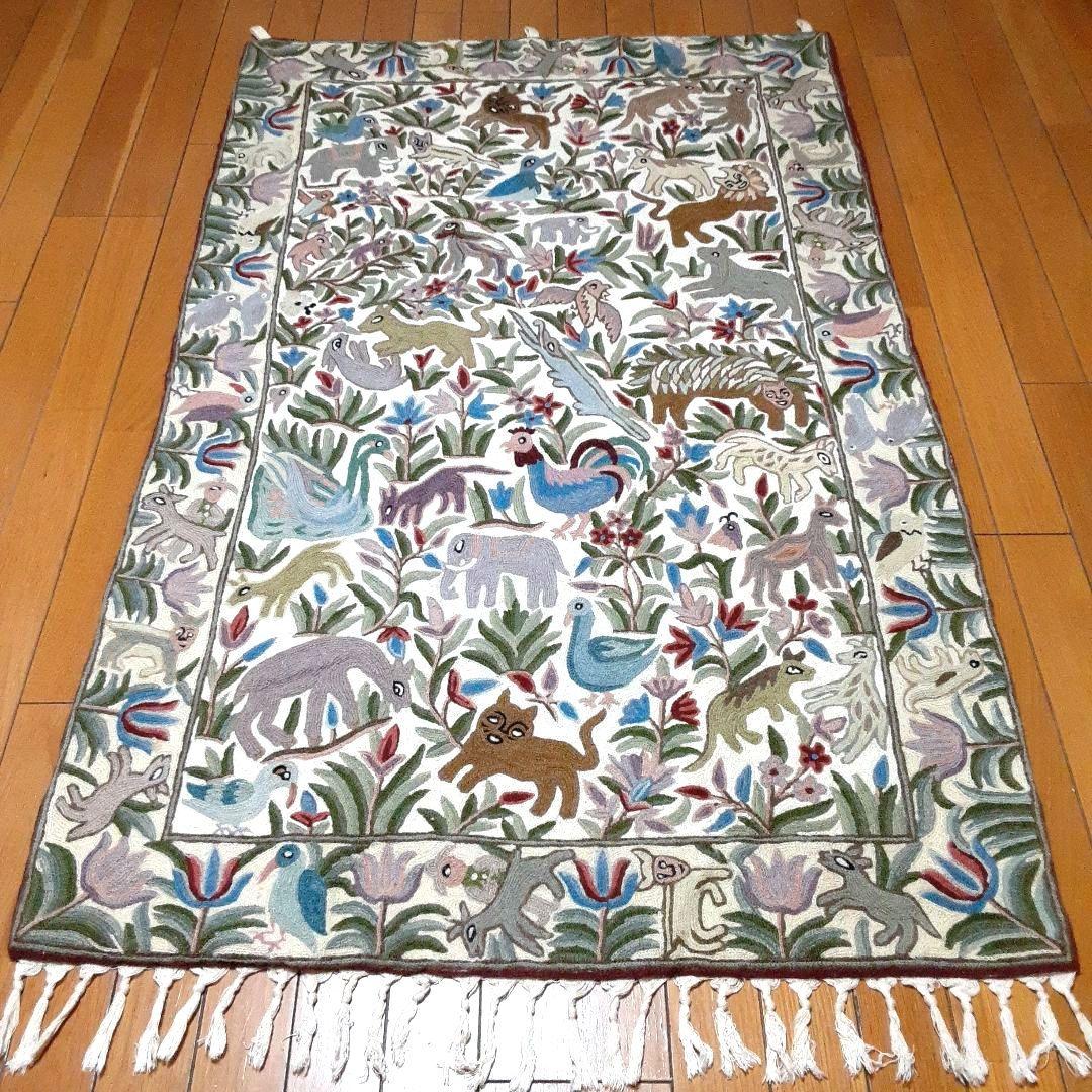ヴィンテージラグ　カシミールアリ刺繍 タペストリー　手刺繍　マルチカバー　一点物
