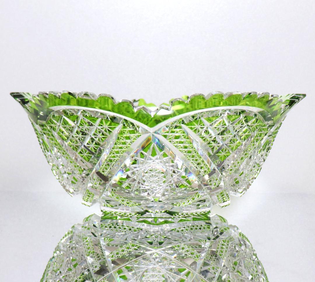 オールド・バカラ 1890年 美術館級 大型 黄緑色被せ切子 丸鉢 アートピース