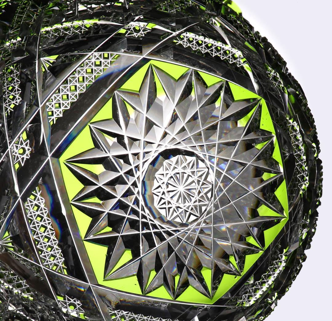 オールド・バカラ 1890年 美術館級 大型 黄緑色被せ切子 丸鉢 アートピース