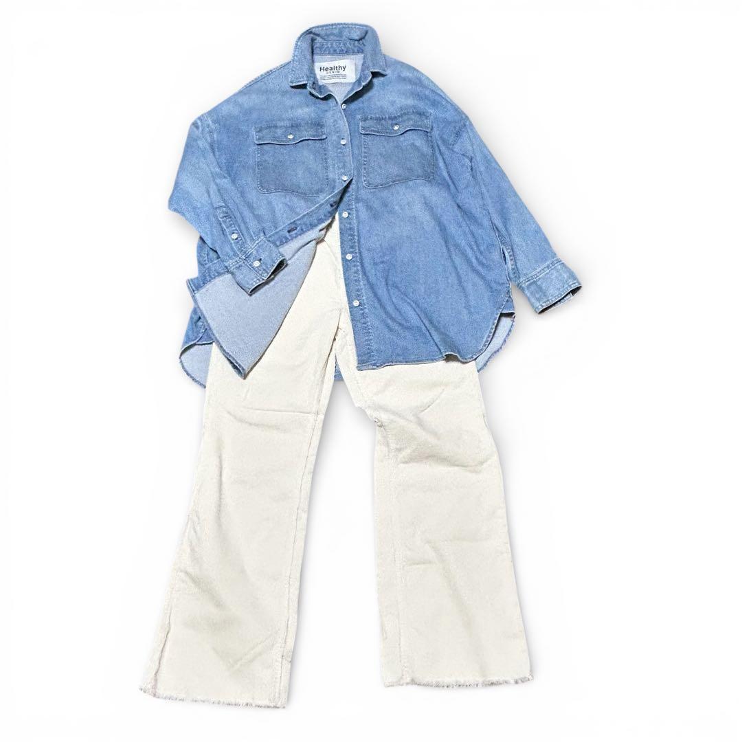 ヘルシーデニム　アーモンド　デニムシャツ　ゆったり　オーバーシルエット