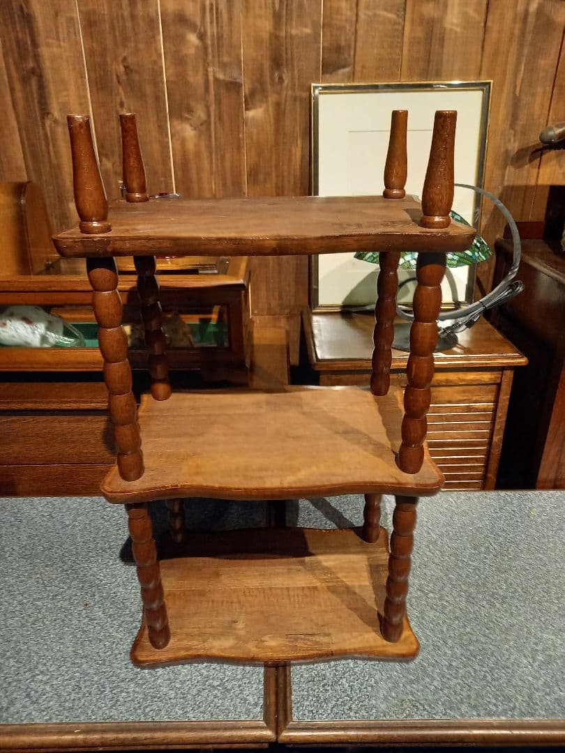 1970's　コロニアル　チーク　無垢材　ボビン　レッグス　３段　サイド　ラック