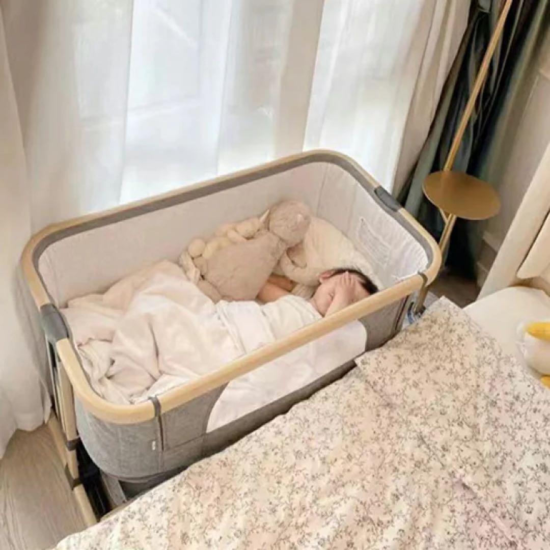 HZDMJ 新型ベビーベッド　説明書付き　グレー　折りたたみ　キャスター付き