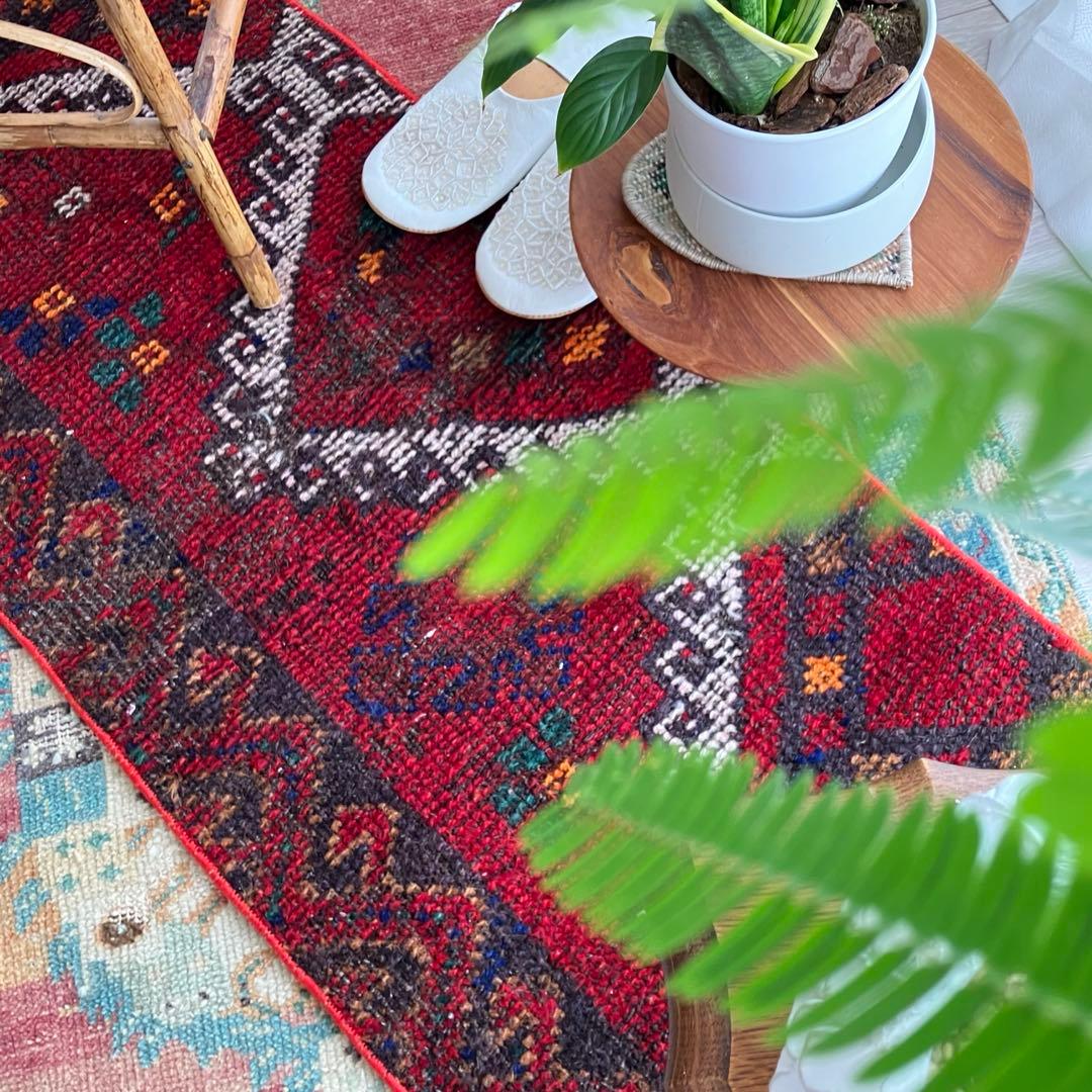 温かざっくり編み✳︎クリスマスレッド　　ロング　ランナー　トルコヴィンテージラグ