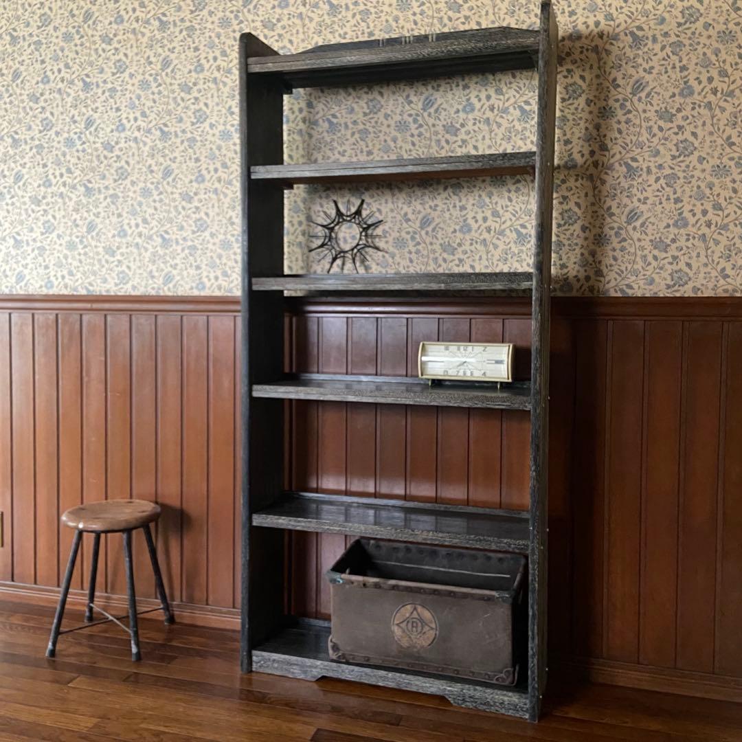ビンテージ　木製本棚　オープンラック　シンプルブラック　6段　古い家具