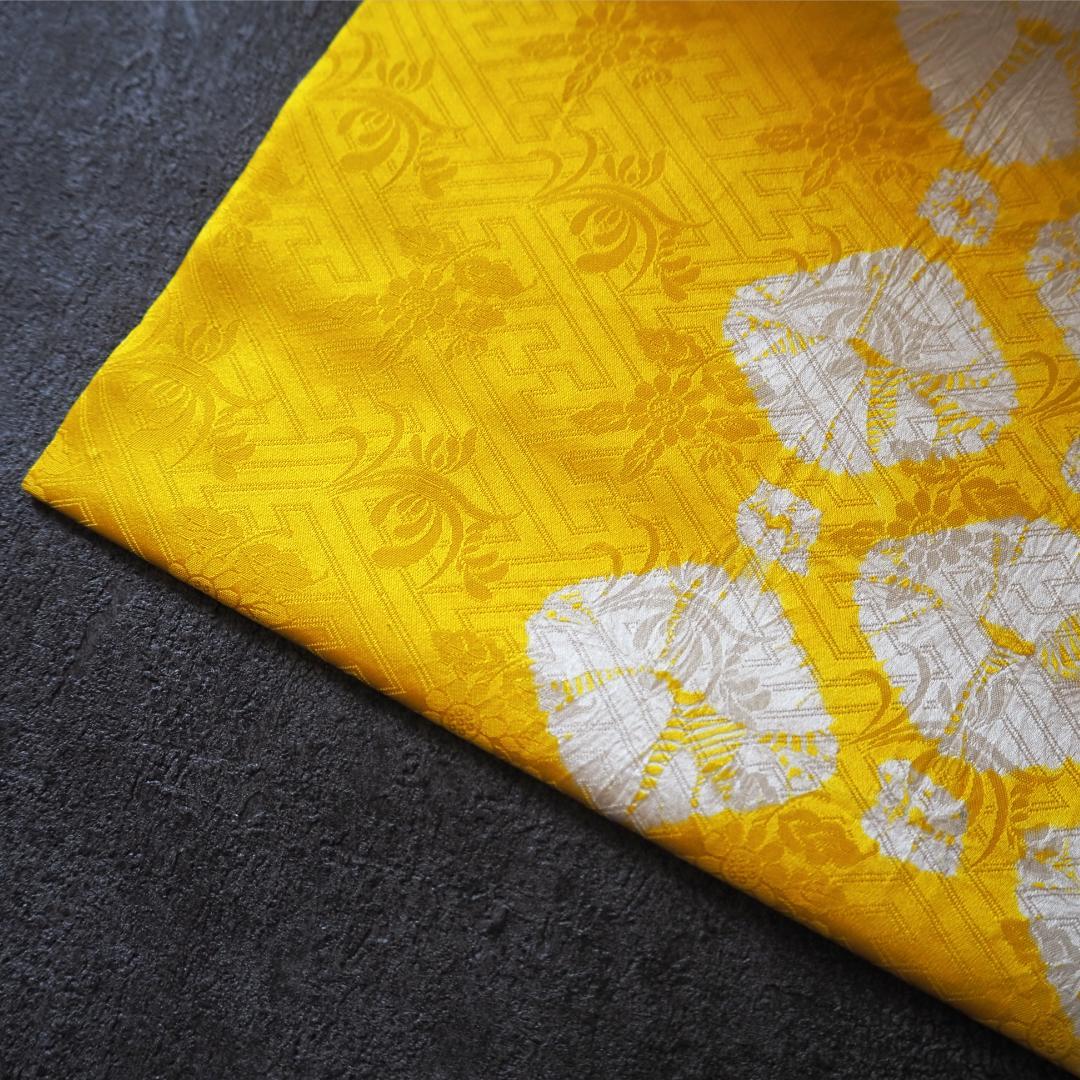 正絹 九寸名古屋帯♪ 能衣 菊唐草 絞り 地紋 紗綾形 華やかイエロー