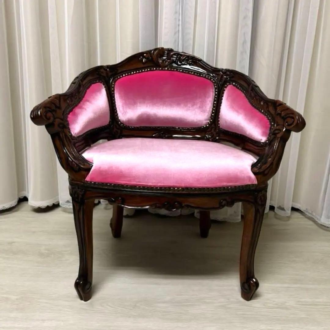 マホガニー材使用 ベネシア 1人掛けソファ ベロアピンク