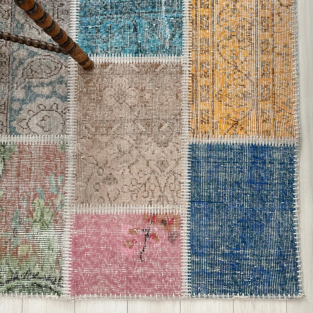 トルコ製ヴィンテージラグ915 レア 高級 ブルー イエロー パッチワーク