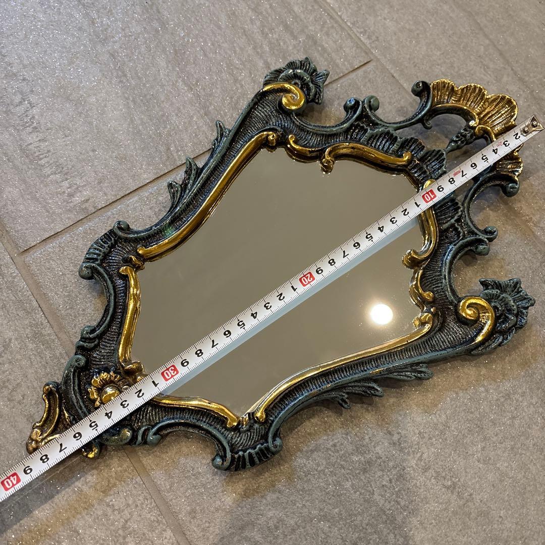 バロックスタイル 壁掛け鏡 ダークブルーと金 約40cm x 25cm