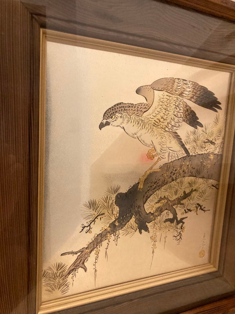 堀口光彦 彫金額 松樹鷹図 金工作品 額装