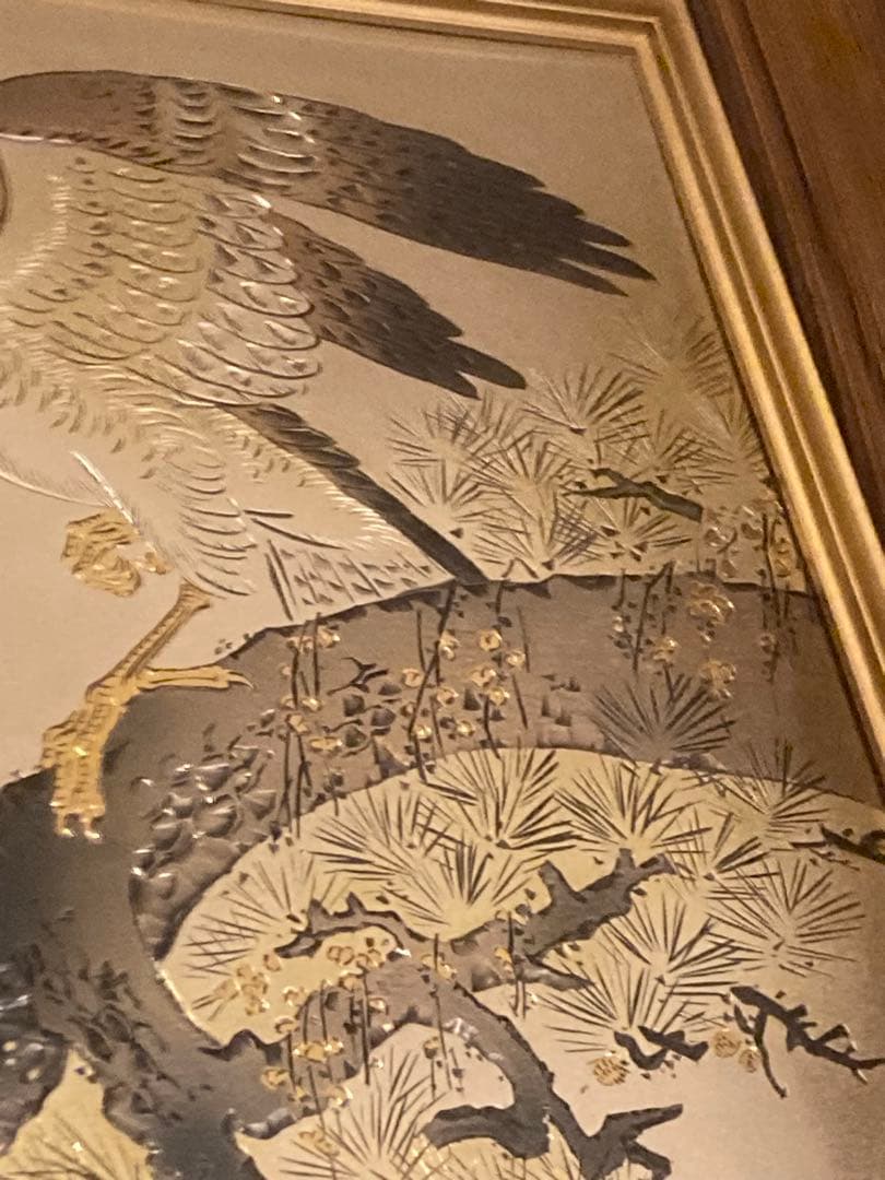 堀口光彦 彫金額 松樹鷹図 金工作品 額装