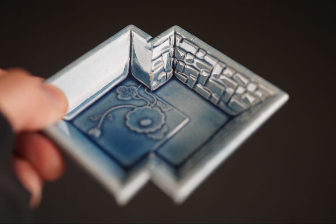 淡路珉平焼 青釉 花文 隅切角小皿 13客 / 角皿 向付 豆皿 懐石料理道具