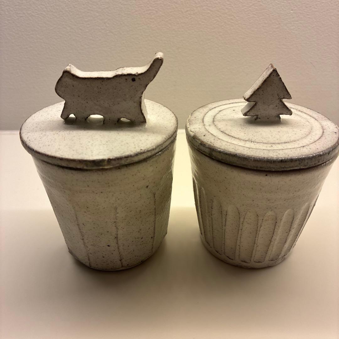 篠崎英夫　器　益子焼　蓋付き　猫　クリスマスツリー