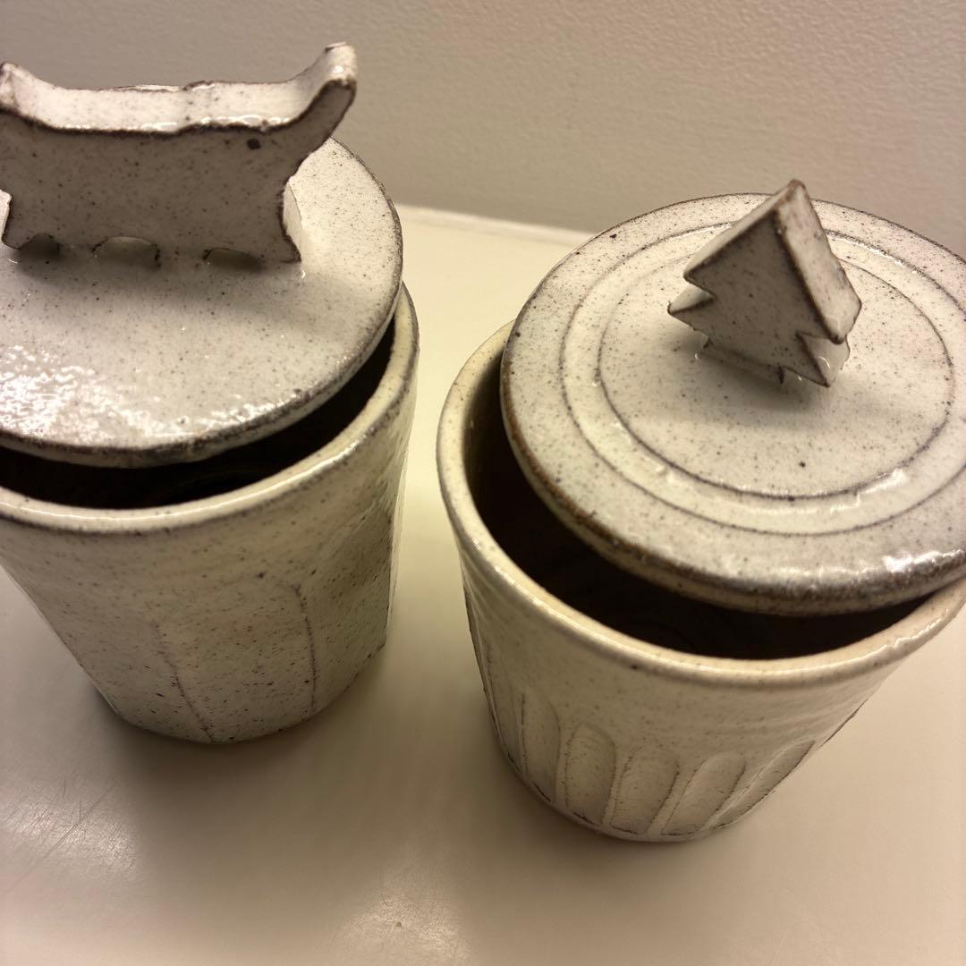 篠崎英夫　器　益子焼　蓋付き　猫　クリスマスツリー