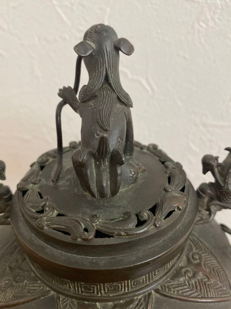 古玩 獅子蓋龍耳香炉 三脚香炉　銅器彫刻 　香櫨　三つ足香炉　中国美術　朝鮮