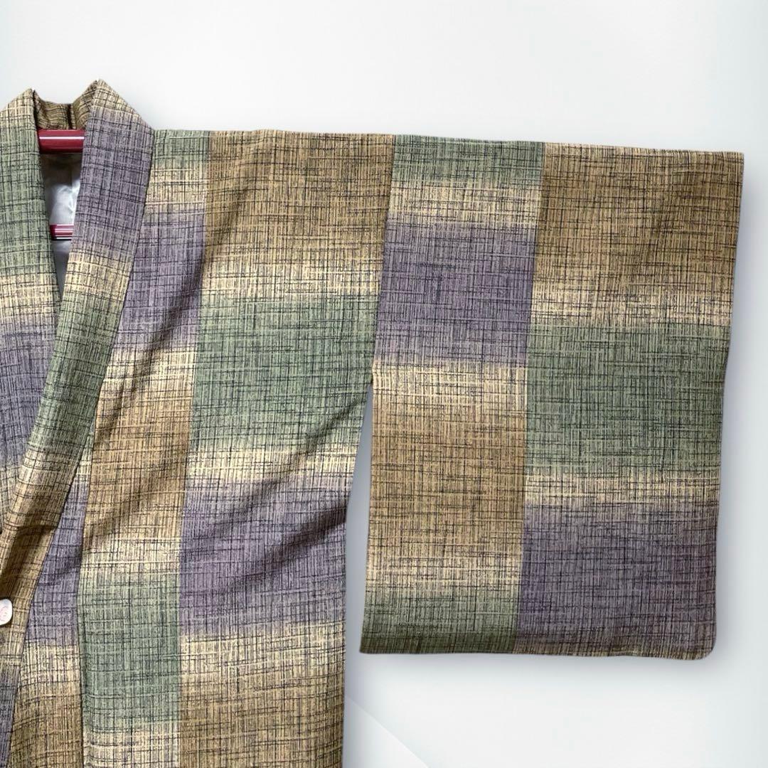 【美品✨】東レシルック　洗える着物　小紋　変わり格子　ベージュ　灰緑　日本製P3