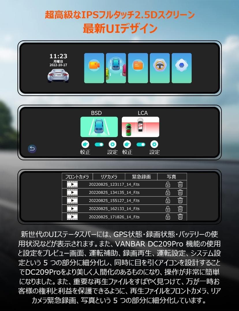 4K 分離式 ドライブレコーダー ミラー型 降圧ケーブル ドラレコ 前後 GPS