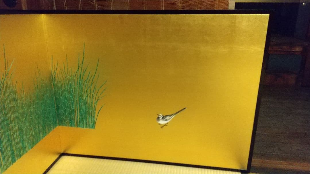 風炉先屏風 ！木賊に鶺鴒 裏は墨絵 竹に雀 リバーシブル 表裏使えます！