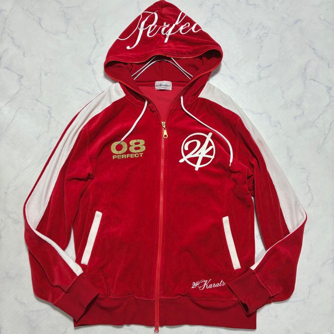 希少Lサイズ✨24カラッツ ベロア セットアップ デカロゴ ライン 赤 メンズ