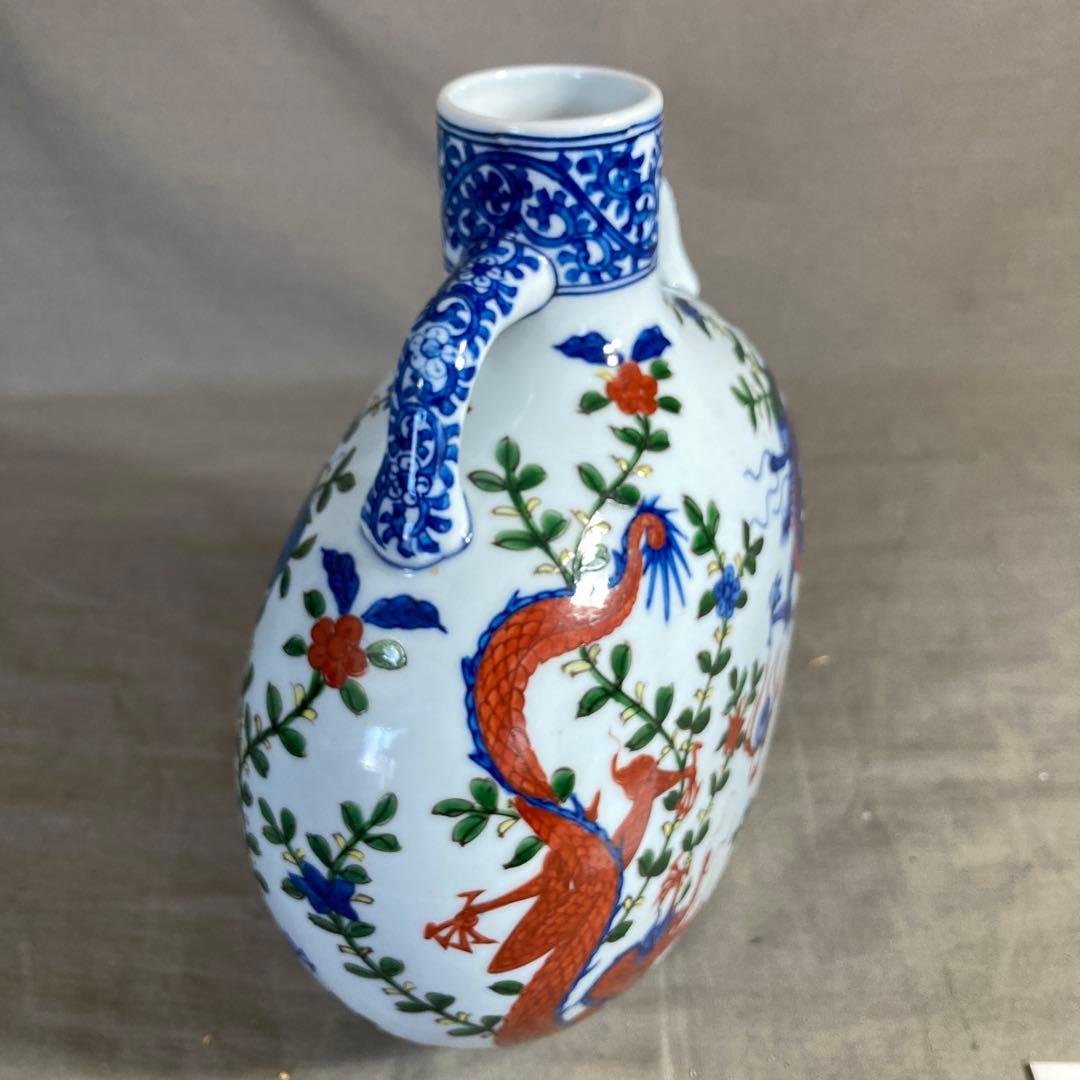 【源右衛門】古伊万里の伝統　日本の名窯　舘林源右衛門作　染錦万暦双龍絵　扁壺