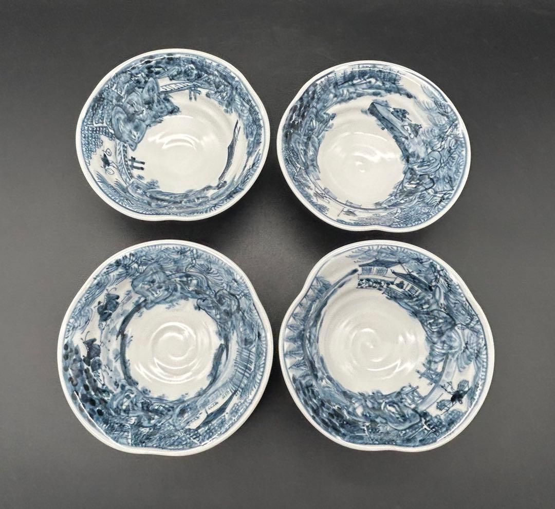 陶器　京焼　清水焼　六齋窯　村田幸之介　小鉢　4個 山水画　七宝紋　新品未使用品