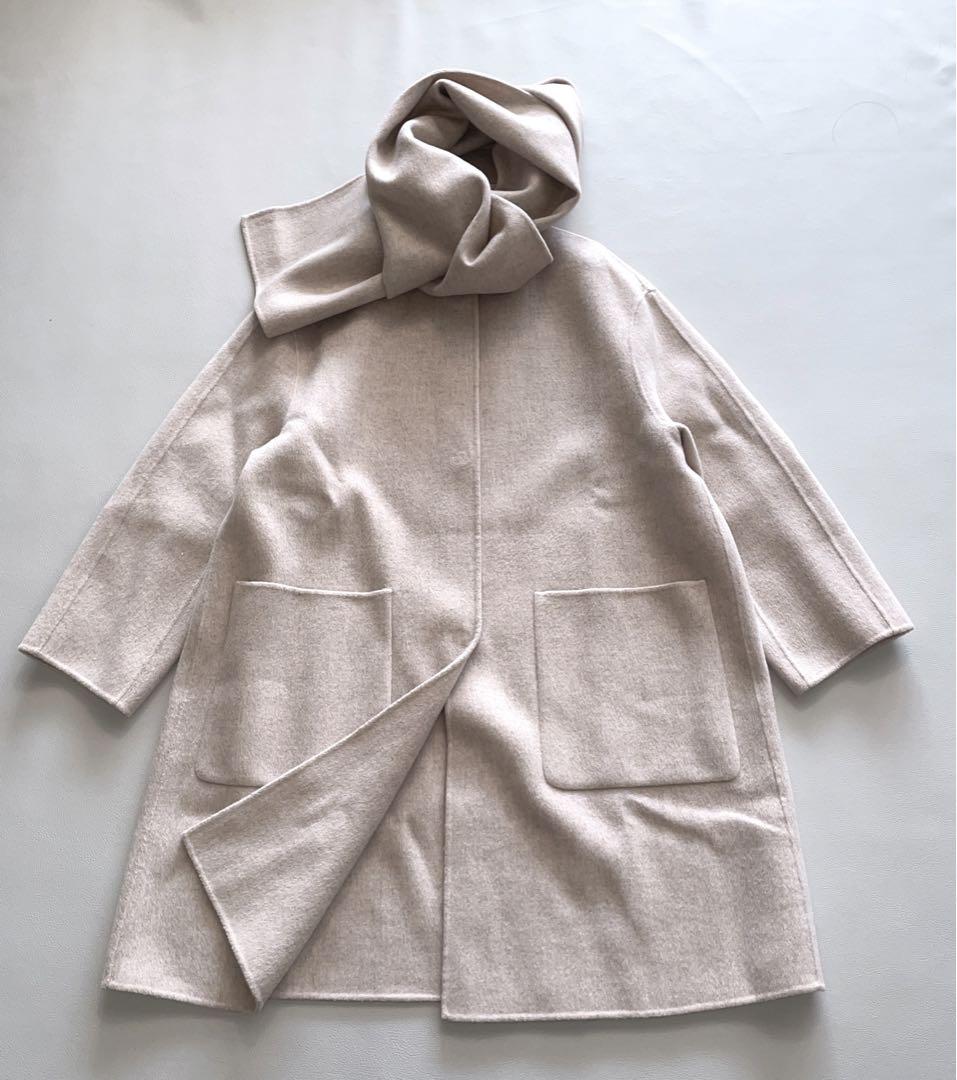 セオリーリュクス 38 カシミア混リバー仕立て　ノーカラー　マフラー付コート