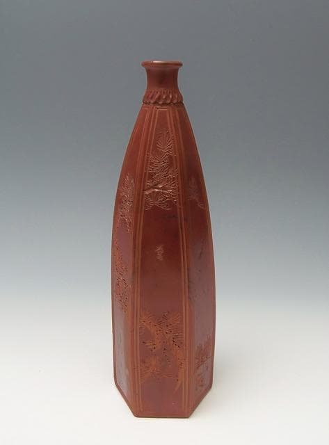 江戸後期 傘徳利 松模様 俳句刻 窯変面取り六角徳利 レア古備前・レア備前焼