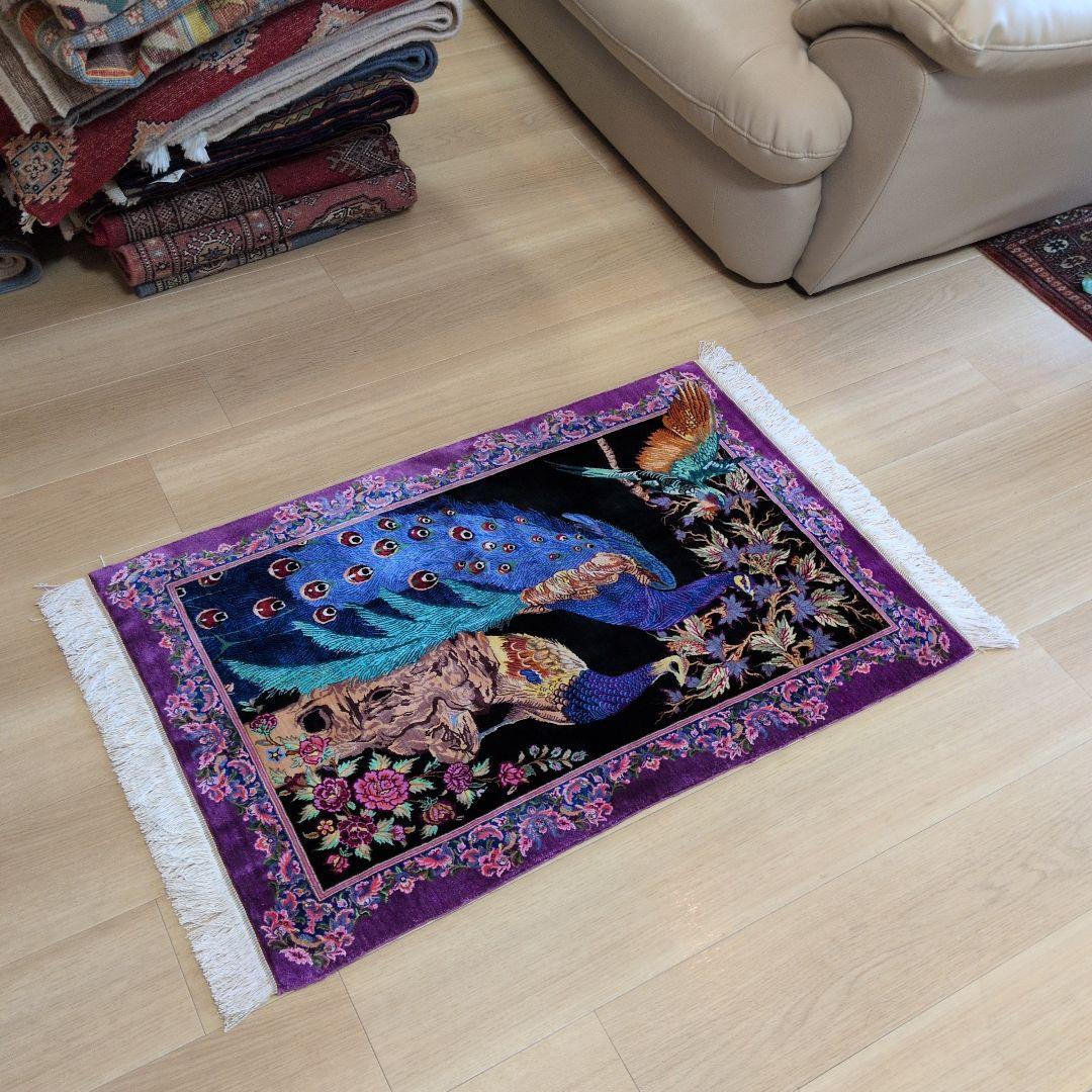 60x90cmペルシャ・クム産(320)玄関・タペストリー・絹・シルクじゅうたん