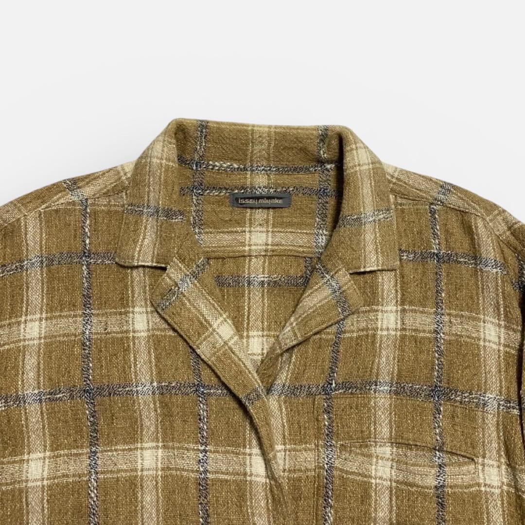 80s 筆タグ　イッセイミヤケ　長袖開襟シャツ　粗織りウールキャンバス　ベージュ
