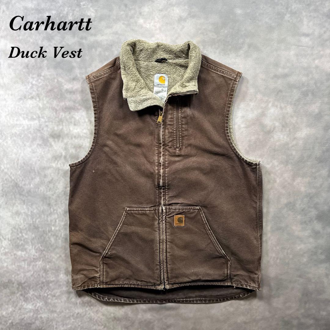 カーハート古着00s裏ボアダックベスト ブラウン茶フェード L Tall T97