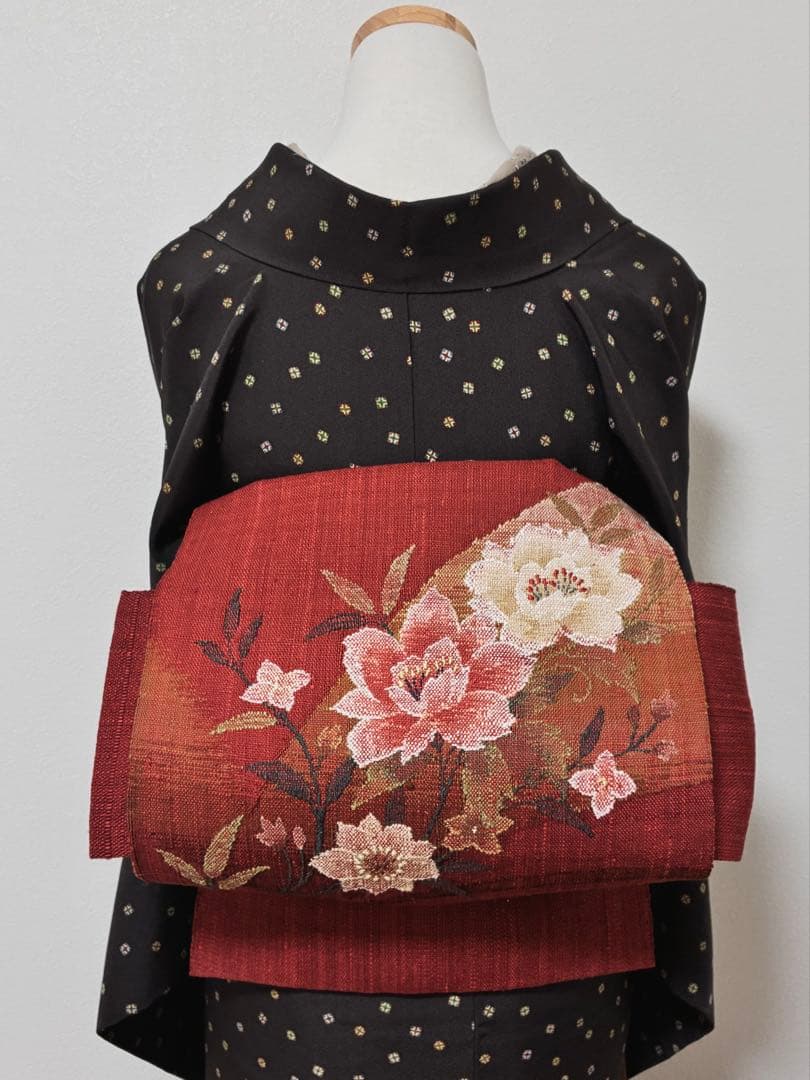 名古屋帯　渡文　花模様　真綿紬　八寸　正絹