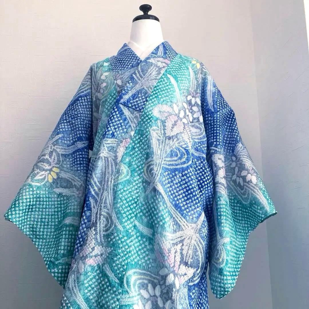 専用かな様　　有松絞り・有松鳴海絞り 身丈160 cm 菖蒲 広襟No.-220