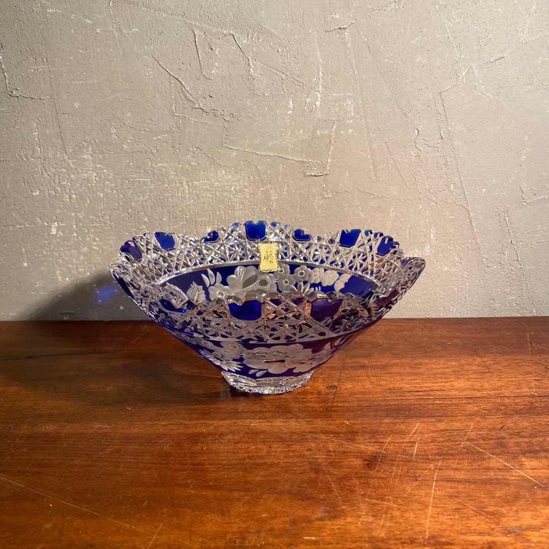 マイセンクリスタル Meissen 切子硝子 ボウル 深皿 色被せ 美品