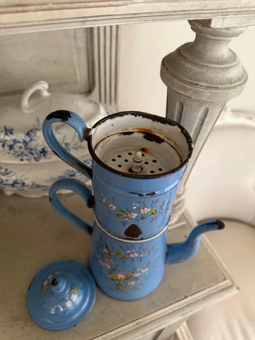 フランスアンティークレア!エトワール社小鳥と鳥の巣水色ホーローカフィティエール