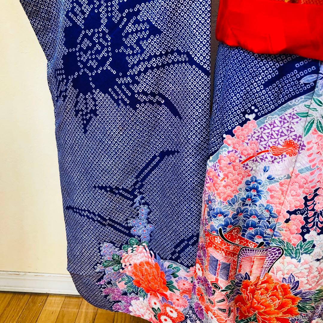 七五三7歳‼️豪華絞り柄風御所車牡丹花々金糸刺繍煌びやか全てついてる完全フルセット
