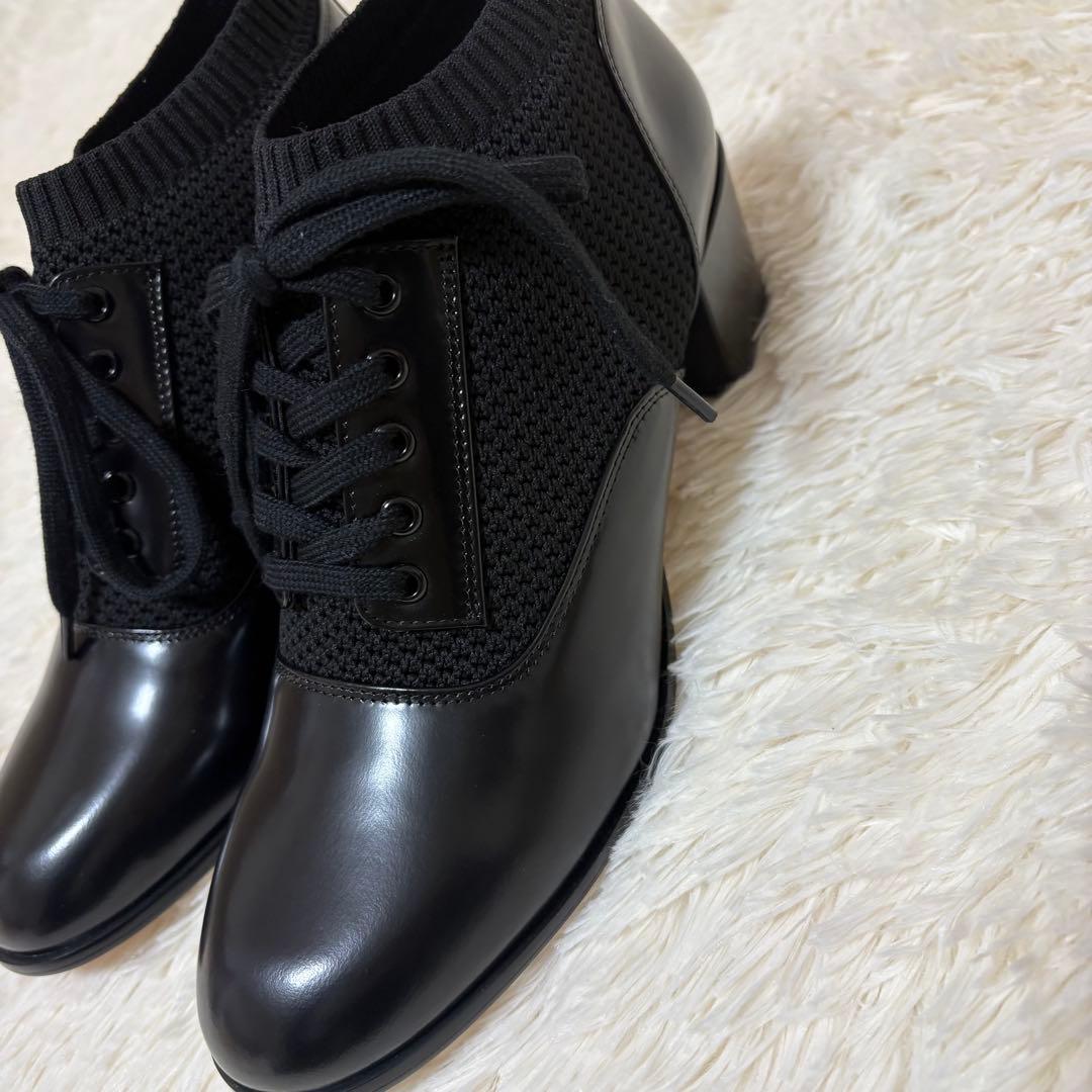 未使用に近い JILLSTUART レースアップニットシューズ レザー 黒 24