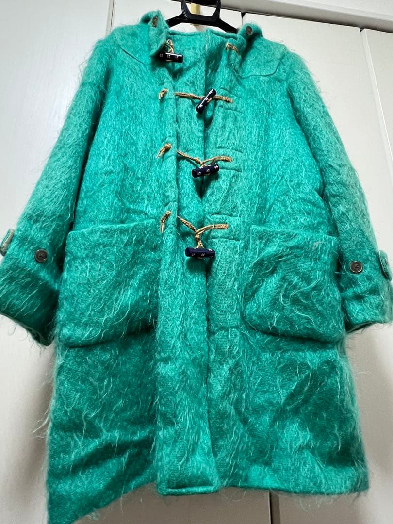 ターコイズ モヘア素材　ダッフルコート フード付き