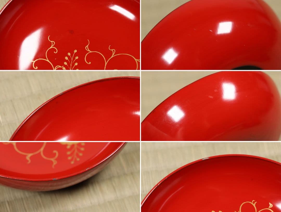 木製漆器 桐唐草蒔絵 朱塗銘々木皿 十九客 11.8cm 木箱 金蒔絵 MA12